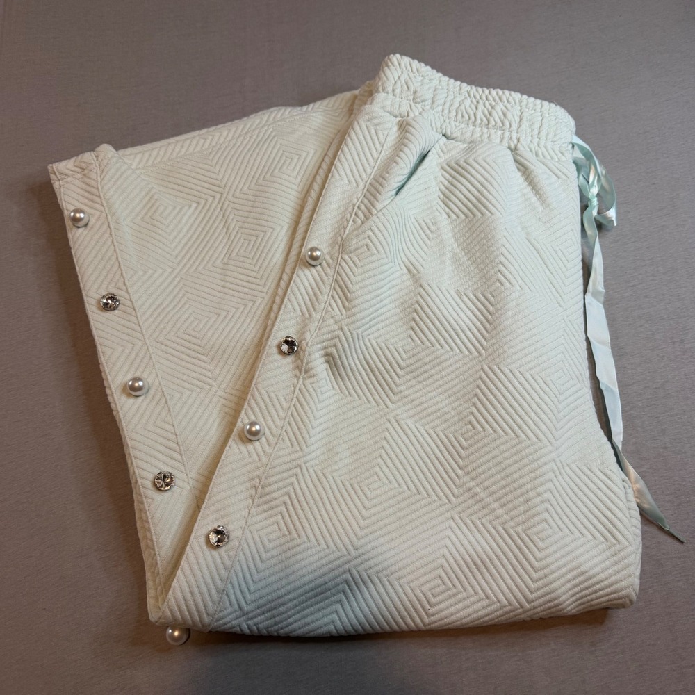 Simply Southern Seafoam Green Quilted Pants Pearl Rhinestone Large Wide leg